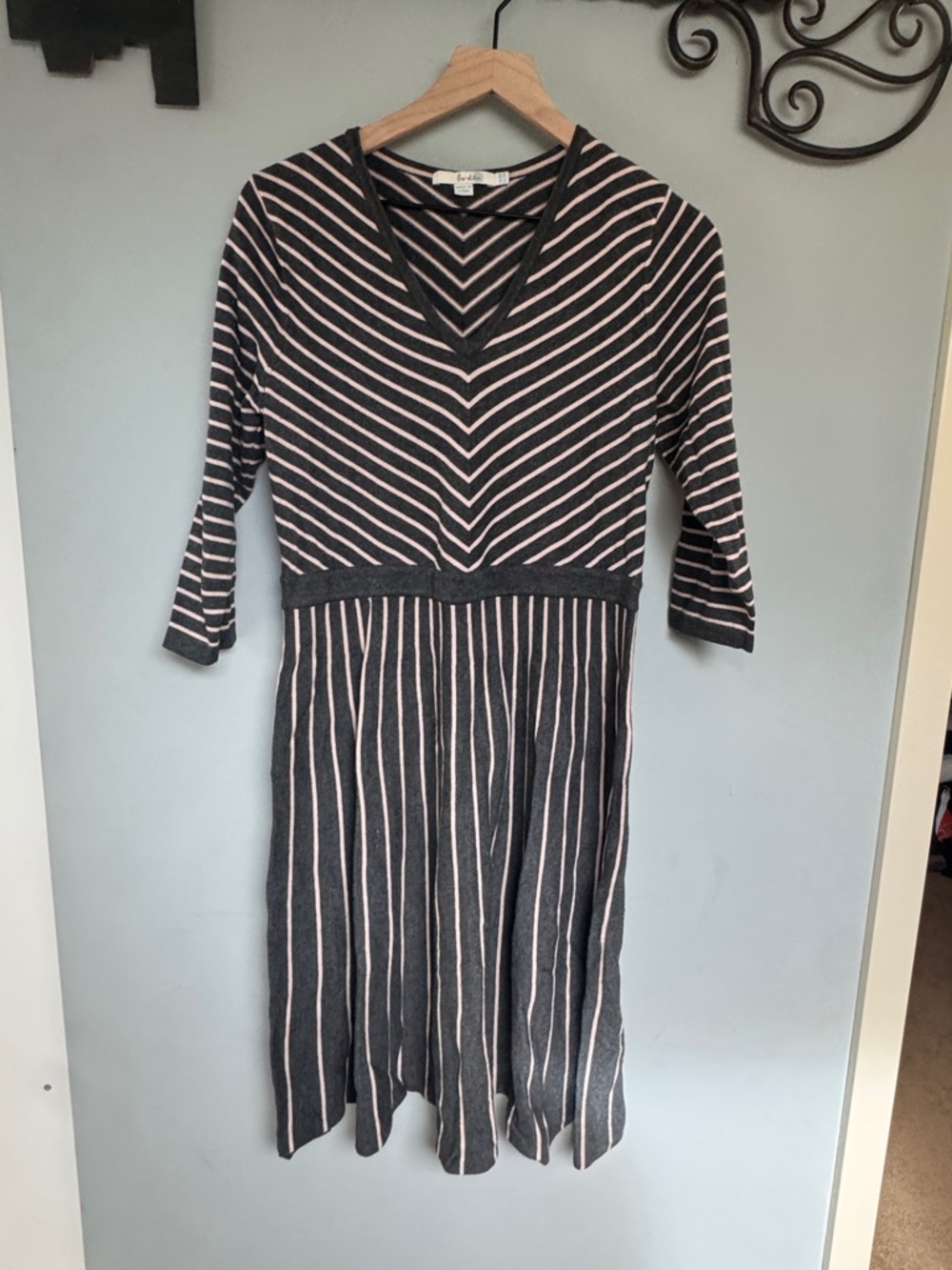 Boden Striped V-Neck Fit & Flare Dress in Charcoal and Pink